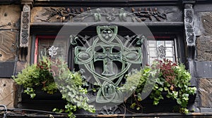 Storefronts display traditional Irish symbols like the Celtic cross and claddagh ring photo