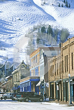 Storefronts and ski slope in the town of Aspen, Colorado