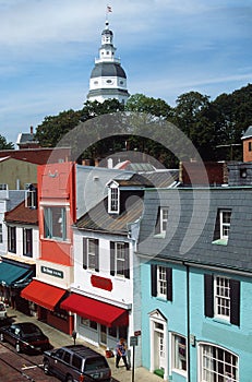 Storefronts and State Capitol of Maryland