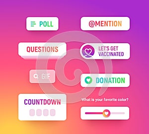 Storie social media sticker, different insta labels on white box vaccinate, poll, countdown, mention icon, donation photo