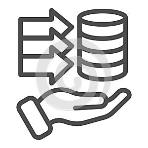Storing open source info line icon, osint analytics concept. Vector graphics. Disks data array with arrows and hand sign