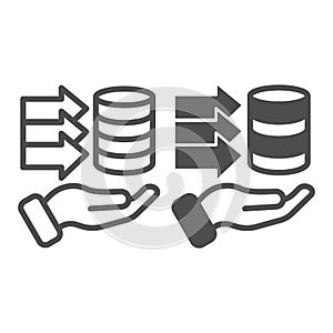 Storing open source info line and solid icon, osint analytics concept. Vector graphics. Disks data array with arrows and