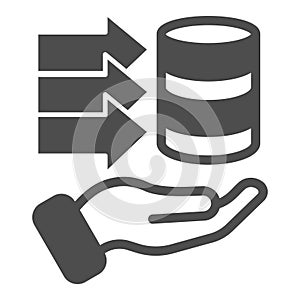 Storing open source info solid icon, osint analytics concept. Vector graphics. Disks data array with arrows and hand