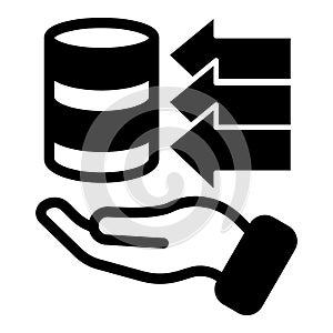 Storing open source info solid icon, osint analytics concept. Vector graphics. Disks data array with arrows and hand