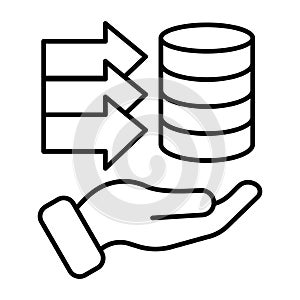 Storing open source info thin line icon, osint analytics concept. Vector graphics. Disks data array with arrows and hand