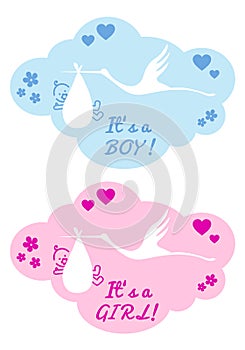 Stork with baby boy and girl, vector