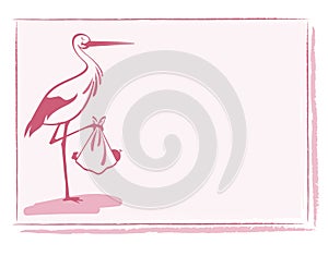 Stork with baby girl card vector