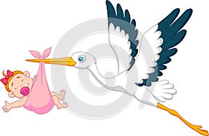 Stork with baby girl cartoon