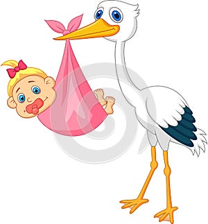 Stork with baby girl cartoon