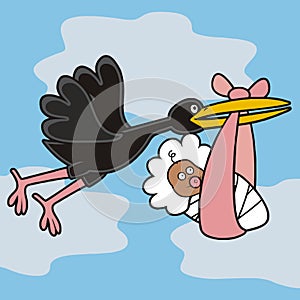 Stork and baby girl, humorous vector illustration