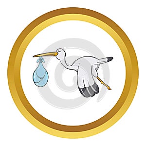 Stork with baby vector icon, cartoon style