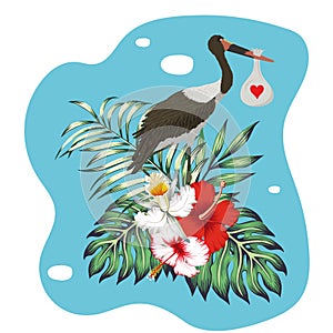 Stork with bag child tropical print