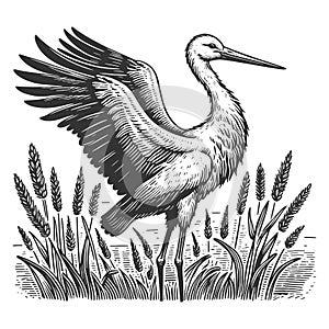 Stork bird engraving sketch vector illustration