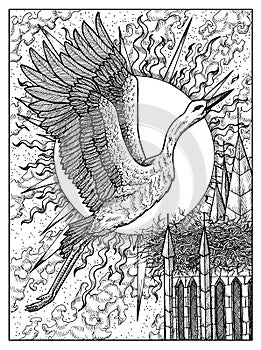 Stork. Black and white mystic concept for Lenormand oracle tarot card