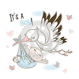 A stork carries a baby boy. Birthday card for my son. Vector