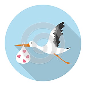 A stork carries a baby in its beak. You child! Delivery of children by stork. Vector illustration.