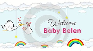 Stork Carrying Baby. Welcome Baby shower party banner for newborn baby belen