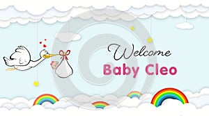 Stork Carrying Baby. Welcome Baby shower party banner for newborn baby cleo