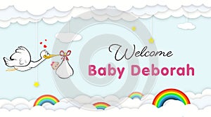 Stork Carrying Baby. Welcome Baby shower party banner for newborn baby deborah