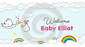 Stork Carrying Baby. Welcome Baby shower party banner for newborn baby elliot