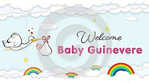 Stork Carrying Baby. Welcome Baby shower party banner for newborn baby guinevere