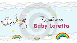 Stork Carrying Baby. Welcome Baby shower party banner for newborn baby loretta