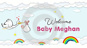 Stork Carrying Baby. Welcome Baby shower party banner for newborn baby meghan