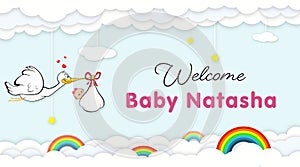 Stork Carrying Baby. Welcome Baby shower party banner for newborn baby natasha