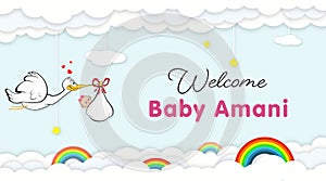 Stork Carrying Baby. Welcome Baby shower party banner for newborn baby amani photo