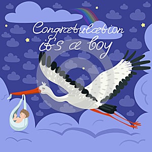 Stork carrying a cute baby in a bag. This is a boy Baby boy announcement card template. Vector postcard