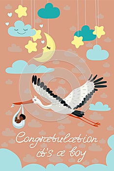 Stork carrying a cute black child in a bag. This is a boy Baby boy announcement card template. Vector postcard