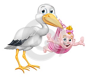 Stork Cartoon Pregnancy Myth Bird With Baby Girl