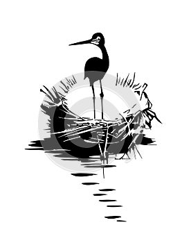 Stork chick stands in the nest and waits for its parents.. Good for tattoo. Editable vector monochrome image with high details