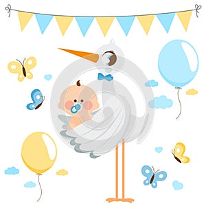 Stork delivering a new baby boy. Vector illustration