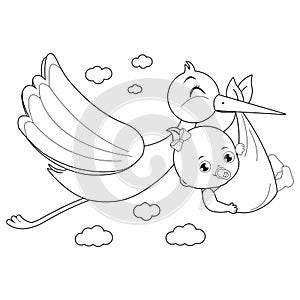 Stork delivering a new baby girl. Vector black and white coloring page