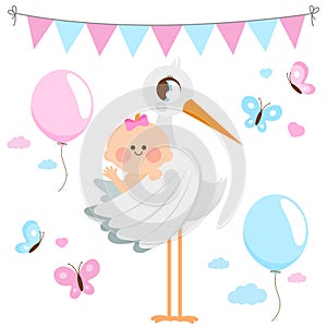 Stork delivering a new baby girl. Vector illustration