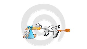 Stork Delivering A Newborn Baby Boy Cartoon Characters