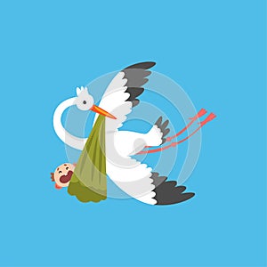 Stork delivering a newborn baby, flying bird carrying a bundle with crying kid, template for baby shower banner