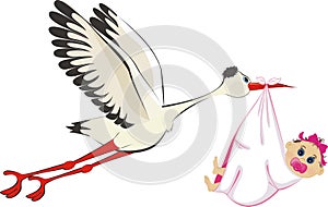 Stork delivering a newborn baby girl