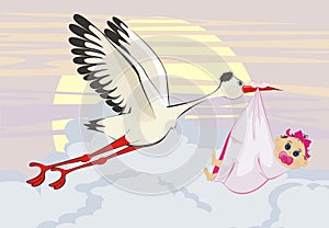 Stork delivering a newborn baby girl