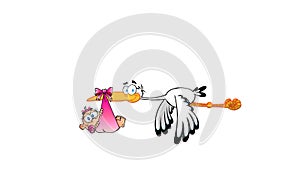 Stork Delivering A Newborn Baby Girl Cartoon Characters