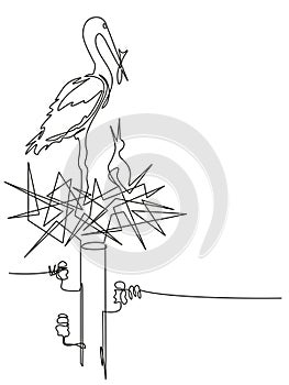 Stork feeds a chick in a nest on a electrical pole. Editable vector minimalistic image made in continuous one-line art technique