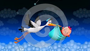 Stork flying holding a bag with a baby, best loop video screen background for lullaby to put a baby to sleep, calming relaxing