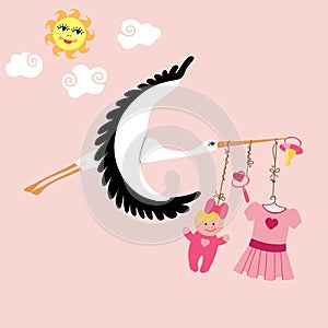 Stork flying with Items for newborn baby girl