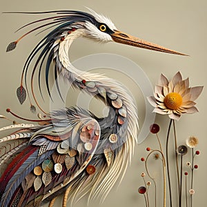 A stork that has been meticulously created from a variety of materials.