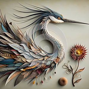 A stork that has been meticulously created from a variety of materials.