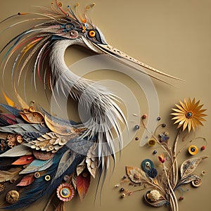 A stork that has been meticulously created from a variety of materials.