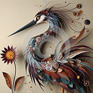 A stork that has been meticulously created from a variety of materials.