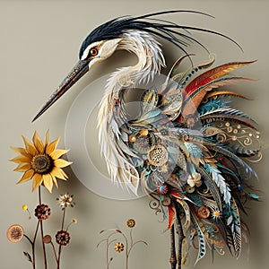 A stork that has been meticulously created from a variety of materials.