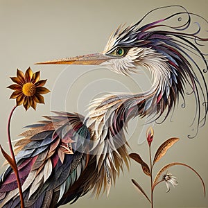 A stork that has been meticulously created from a variety of materials.